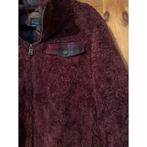Pendleton Burgandy Sherpa pull over pleaid wool accents L - Picture 9 of 10